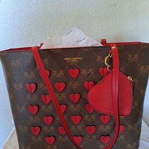 Karl Lagerfeld Brown and Red Heart Tote Bag